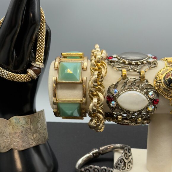 Vtg Chunky Bracelet Bangle Clamper Lot Gold Tone Silver Tone Beaded Chain Link - Picture 3 of 16